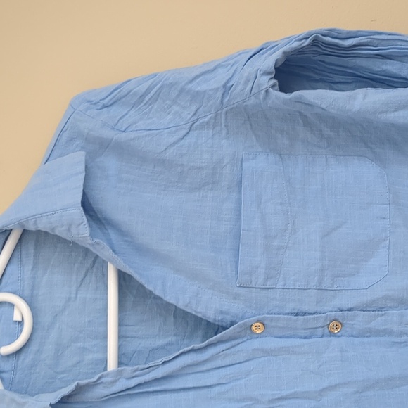 Large Blue Shein Shirt Roll Tab Sleeves Collared Button Up Gold Buttons - Picture 5 of 14